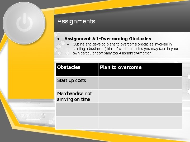 Assignments • Assignment #1 -Overcoming Obstacles – Outline and develop plans to overcome obstacles