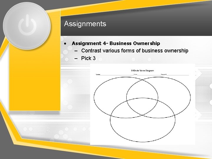Assignments • Assignment 4 - Business Ownership – Contrast various forms of business ownership