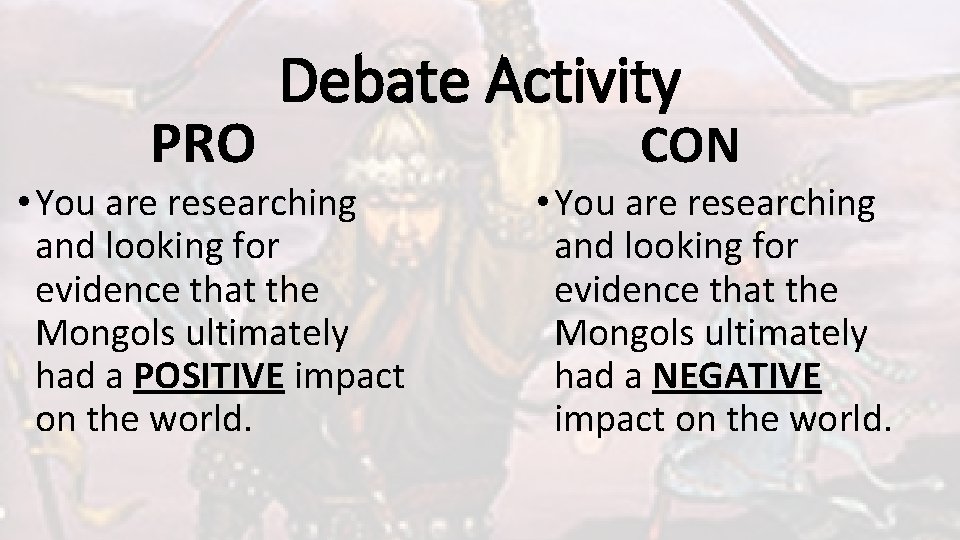 PRO Debate Activity • You are researching and looking for evidence that the Mongols