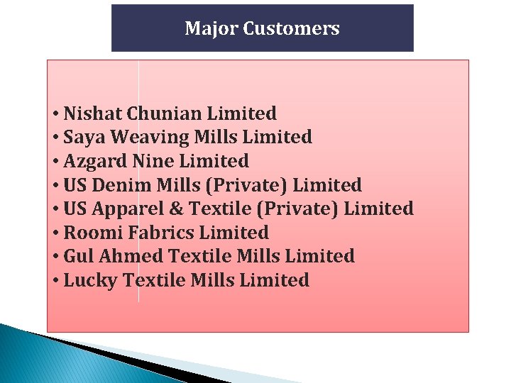 Major Customers • Nishat Chunian Limited • Saya Weaving Mills Limited • Azgard Nine
