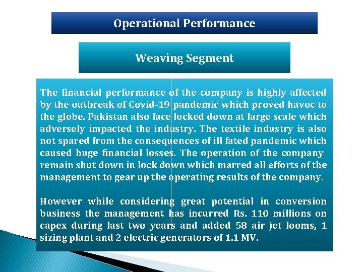 Operational Performance Weaving Segment The financial performance of the company is highly affected by