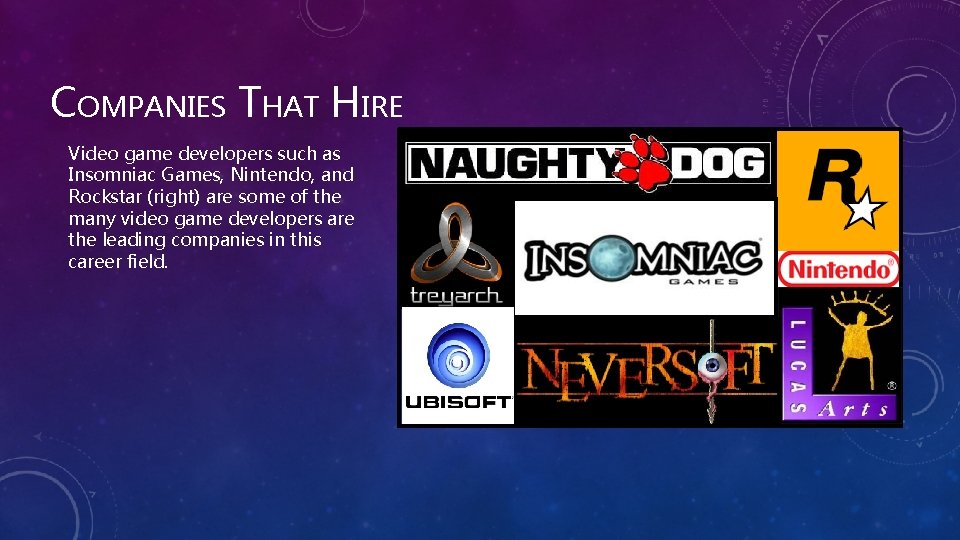 COMPANIES THAT HIRE Video game developers such as Insomniac Games, Nintendo, and Rockstar (right)