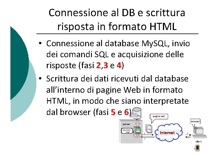 Connessione al DB e scrittura risposta in formato HTML • Connessione al database My.