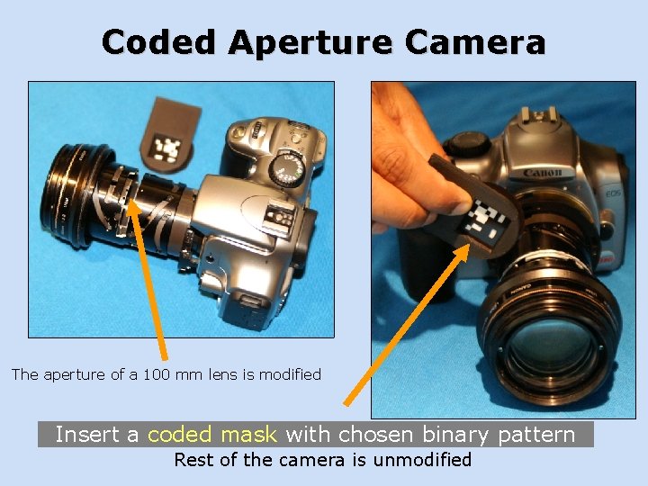 Coded Aperture Camera The aperture of a 100 mm lens is modified Insert a