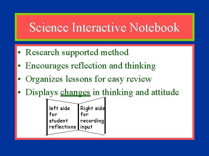 Science Interactive Notebook • • Research supported method Encourages reflection and thinking Organizes lessons