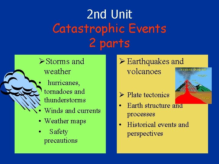 2 nd Unit Catastrophic Events 2 parts ØStorms and weather Ø Earthquakes and volcanoes