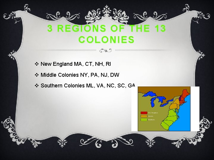 3 REGIONS OF THE 13 COLONIES v New England MA, CT, NH, RI v