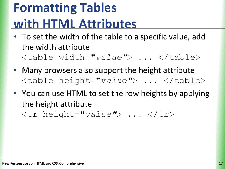 Formatting Tables with HTML Attributes XP • To set the width of the table Formatting Tables with HTML Attributes XP • To set the width of the table