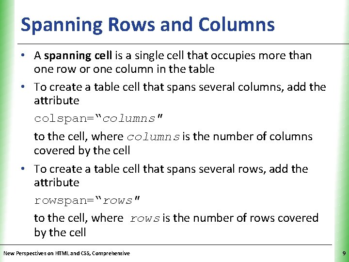 Spanning Rows and Columns XP • A spanning cell is a single cell that Spanning Rows and Columns XP • A spanning cell is a single cell that