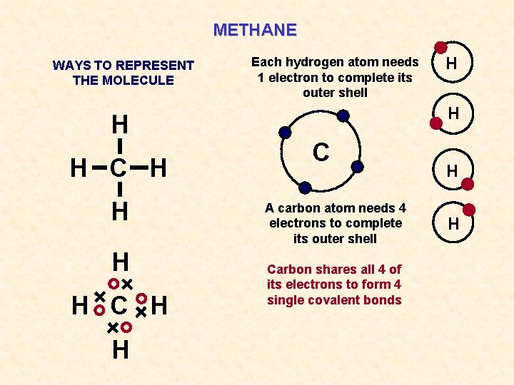METHANE WAYS TO REPRESENT THE MOLECULE H H C H H Each hydrogen atom