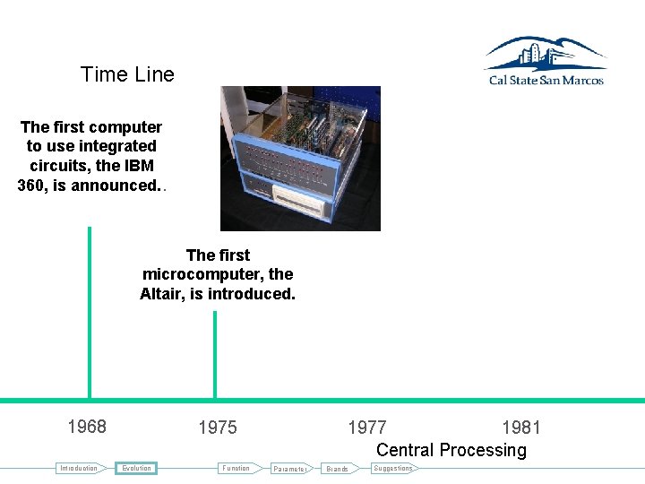 Time Line The first computer to use integrated circuits, the IBM 360, is announced.