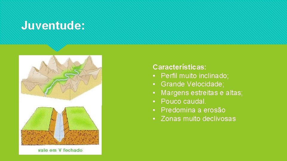 Juventude: Características: • Perfil muito inclinado; • Grande Velocidade; • Margens estreitas e altas;