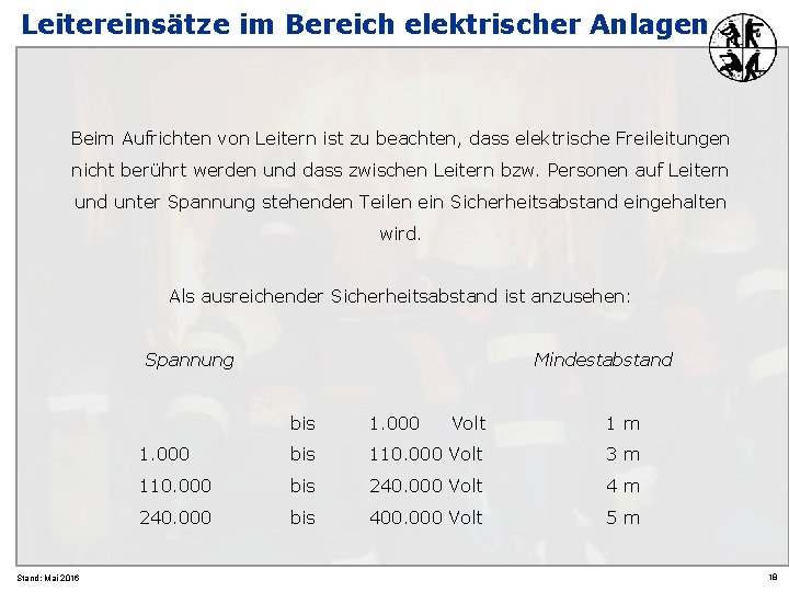 Leitereinsätze im Bereich elektrischer Anlagen Beim Aufrichten von Leitern ist zu beachten, dass elektrische