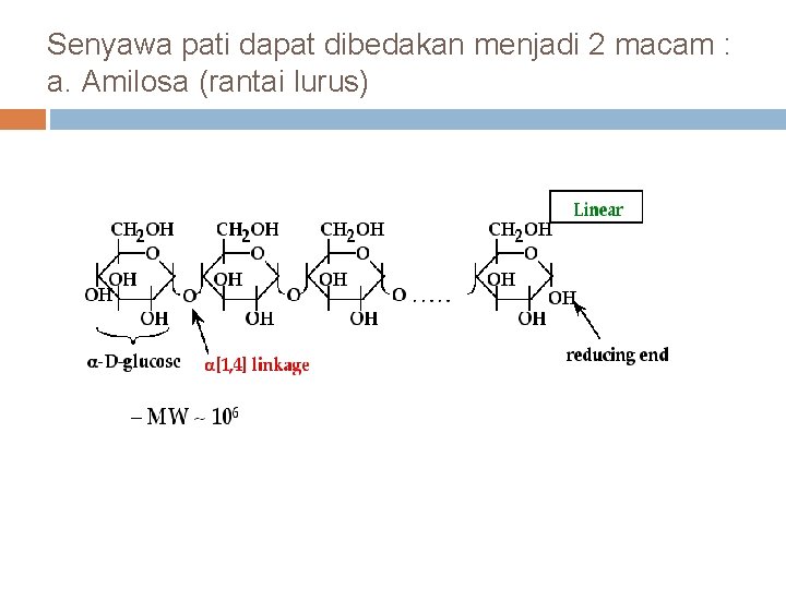 Senyawa pati dapat dibedakan menjadi 2 macam : a. Amilosa (rantai lurus) 