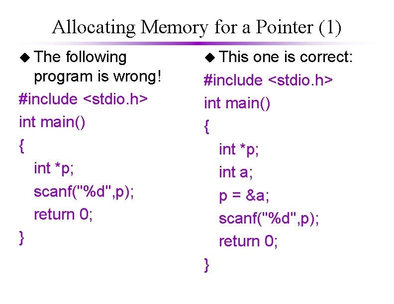 Allocating Memory for a Pointer (1) The following program is wrong! #include <stdio. h>