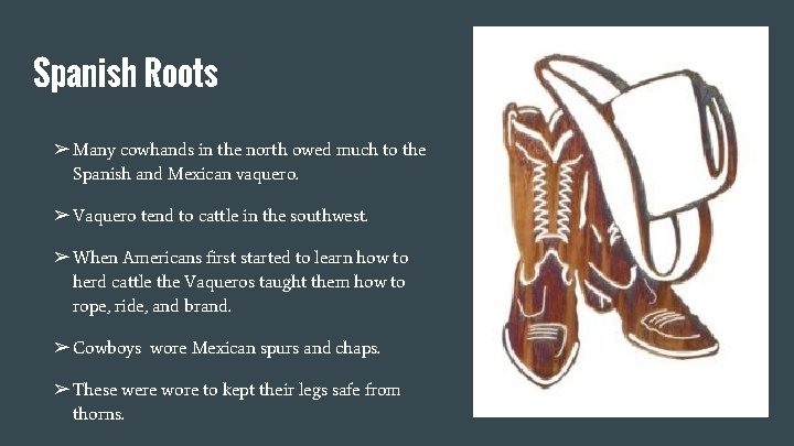 Spanish Roots ➢ Many cowhands in the north owed much to the Spanish and