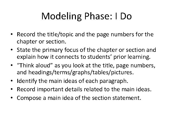 Modeling Phase: I Do • Record the title/topic and the page numbers for the