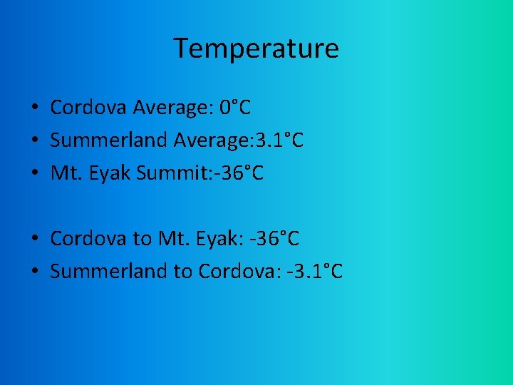 Temperature • Cordova Average: 0°C • Summerland Average: 3. 1°C • Mt. Eyak Summit: