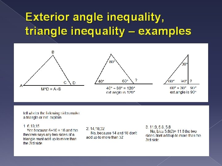 Exterior angle inequality, triangle inequality – examples 