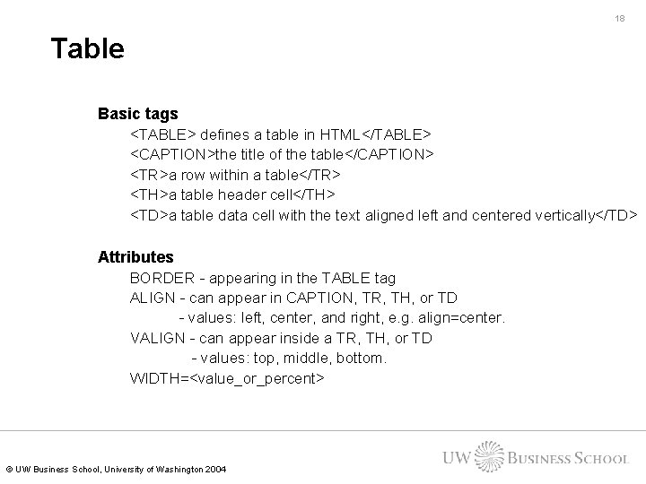 18 Table Basic tags <TABLE> defines a table in HTML</TABLE> <CAPTION>the title of the 18 Table Basic tags <TABLE> defines a table in HTML</TABLE> <CAPTION>the title of the