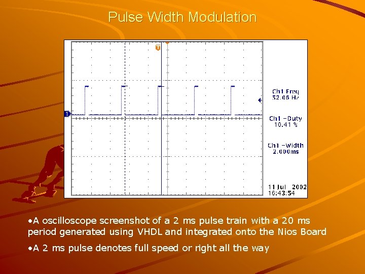 Pulse Width Modulation • A oscilloscope screenshot of a 2 ms pulse train with