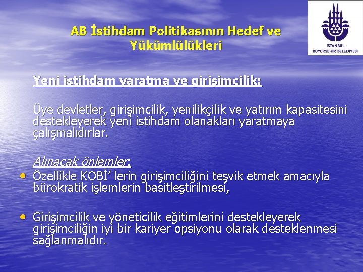 AB İstihdam Politikasının Hedef ve Yükümlülükleri Yeni istihdam yaratma ve girişimcilik: Üye devletler, girişimcilik,