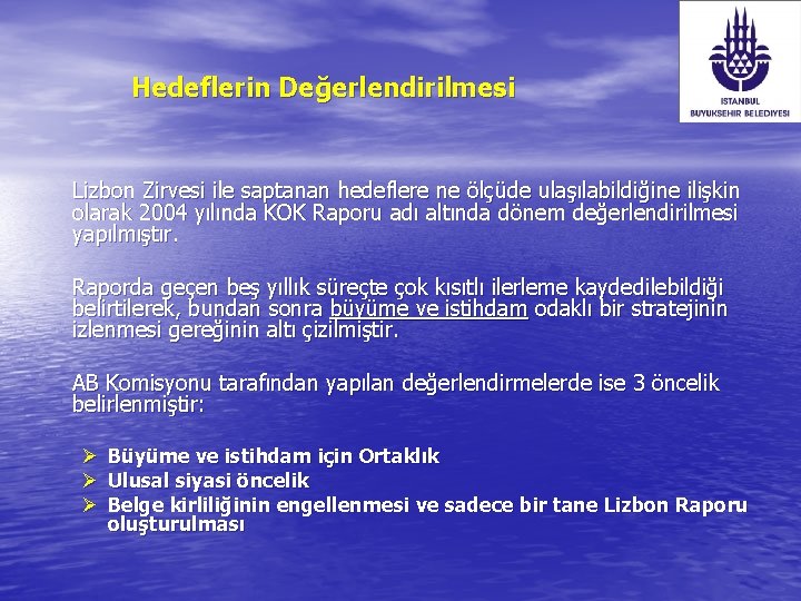 Hedeflerin Değerlendirilmesi Lizbon Zirvesi ile saptanan hedeflere ne ölçüde ulaşılabildiğine ilişkin olarak 2004 yılında