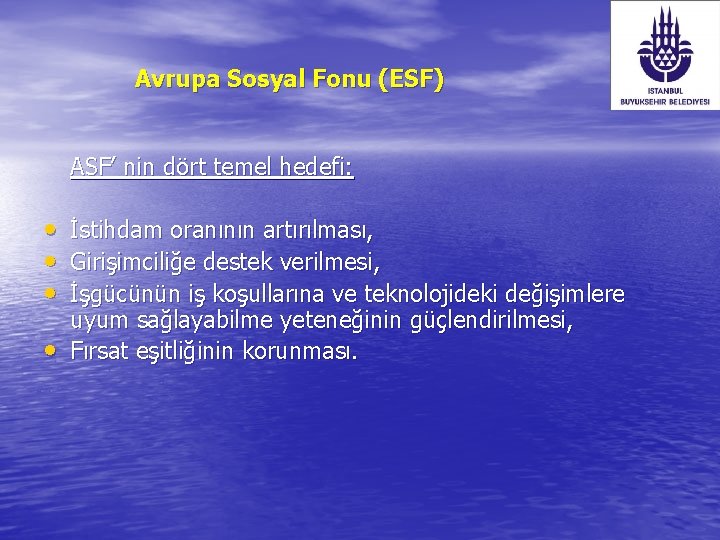 Avrupa Sosyal Fonu (ESF) ASF’ nin dört temel hedefi: • İstihdam oranının artırılması, •