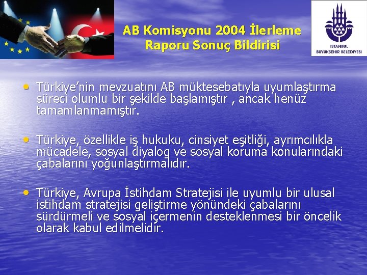 AB Komisyonu 2004 İlerleme Raporu Sonuç Bildirisi • Türkiye’nin mevzuatını AB müktesebatıyla uyumlaştırma süreci