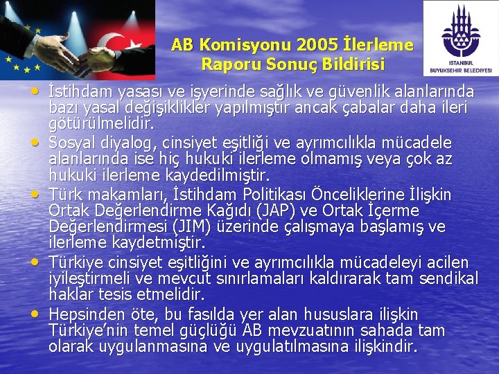 AB Komisyonu 2005 İlerleme Raporu Sonuç Bildirisi • İstihdam yasası ve işyerinde sağlık ve