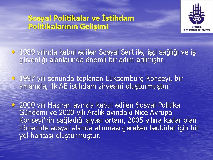 Sosyal Politikalar ve İstihdam Politikalarının Gelişimi • 1989 yılında kabul edilen Sosyal Sart ile,