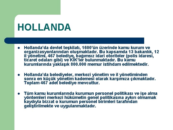 HOLLANDA l Hollanda’da devlet teşkilatı, 1600’ün üzerinde kamu kurum ve organizasyonlarından oluşmaktadır. Bu kapsamda