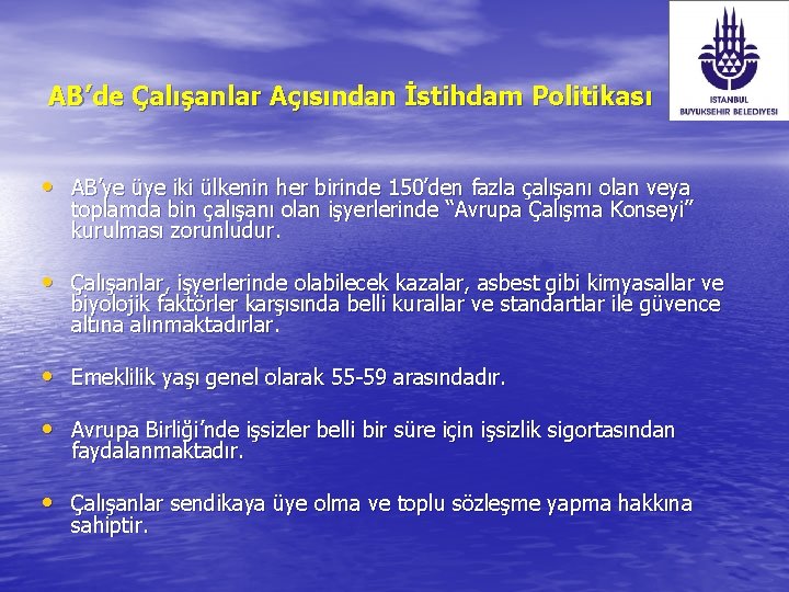 AB’de Çalışanlar Açısından İstihdam Politikası • AB’ye üye iki ülkenin her birinde 150’den fazla