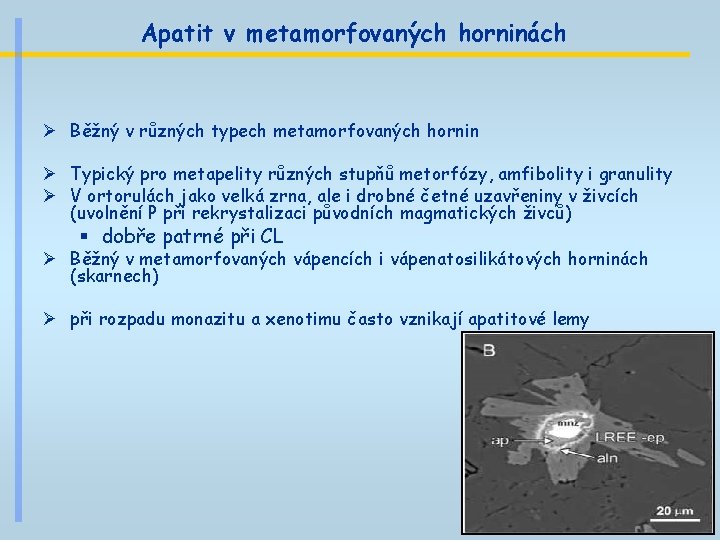 Apatit v metamorfovaných horninách Ø Běžný v různých typech metamorfovaných hornin Ø Typický pro