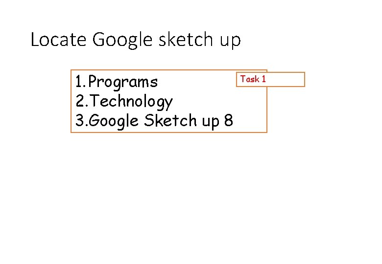Locate Google sketch up 1. Programs 2. Technology 3. Google Sketch up 8 Task