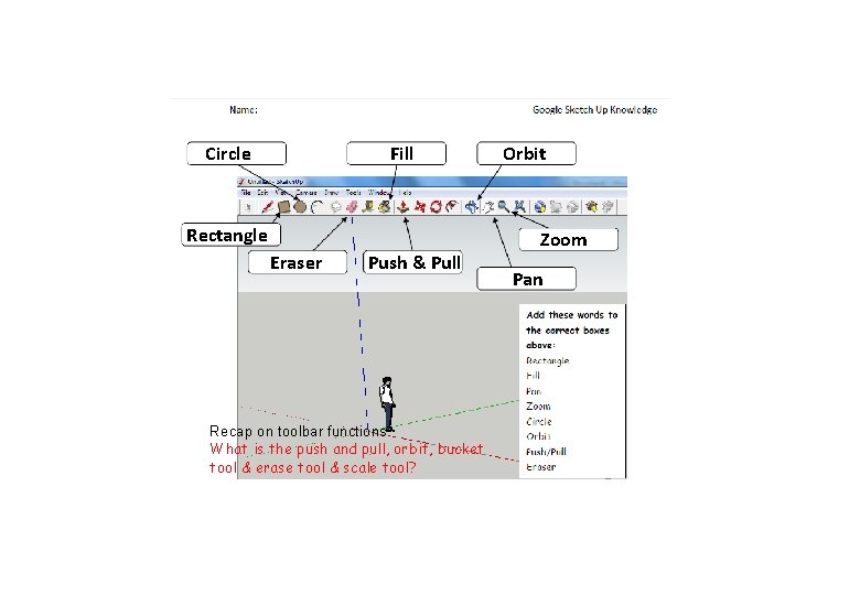 Circle Fill Rectangle Eraser Push & Pull Recap on toolbar functions What is the