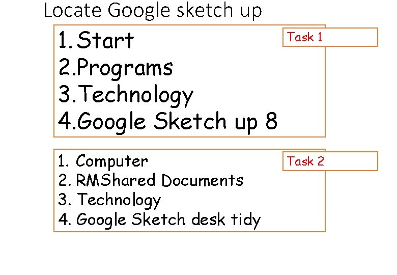 Locate Google sketch up 1. Start 2. Programs 3. Technology 4. Google Sketch up
