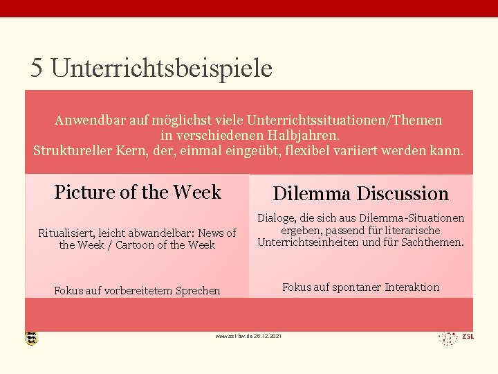 5 Unterrichtsbeispiele Anwendbar auf möglichst viele Unterrichtssituationen/Themen in verschiedenen Halbjahren. Struktureller Kern, der, einmal