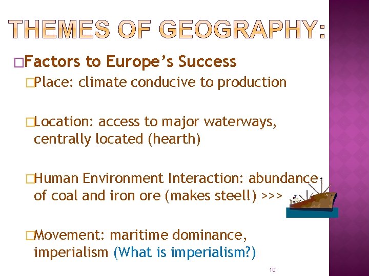 �Factors �Place: to Europe’s Success climate conducive to production �Location: access to major waterways,