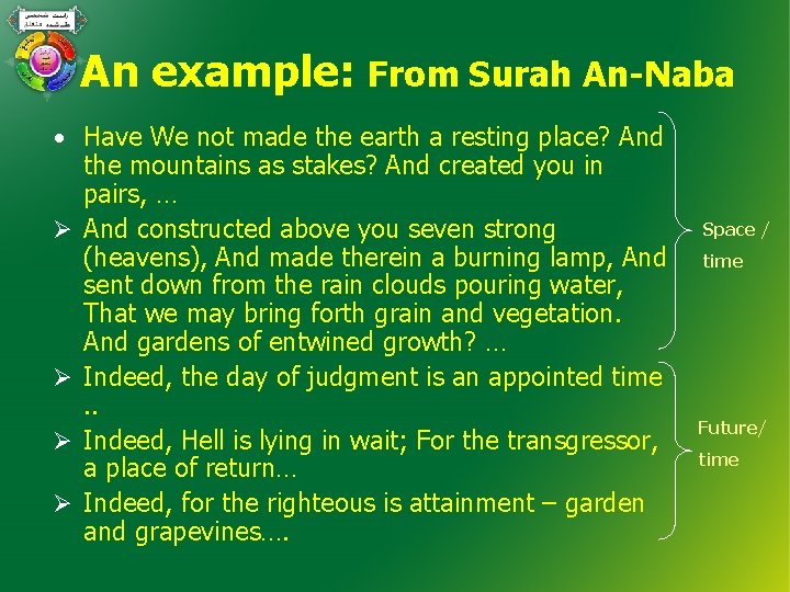 An example: From Surah An-Naba • Have We not made the earth a resting