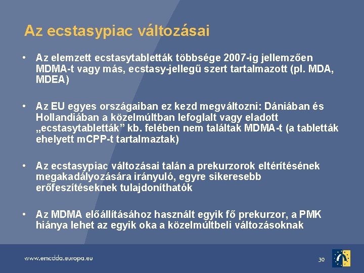 Az ecstasypiac változásai • Az elemzett ecstasytabletták többsége 2007 -ig jellemzően MDMA-t vagy más,