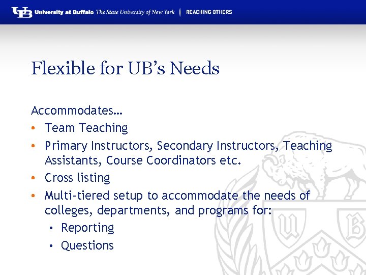 Flexible for UB’s Needs Accommodates… • Team Teaching • Primary Instructors, Secondary Instructors, Teaching