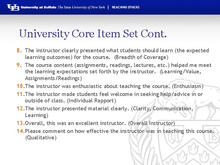 University Core Item Set Cont. 8. The instructor clearly presented what students should learn