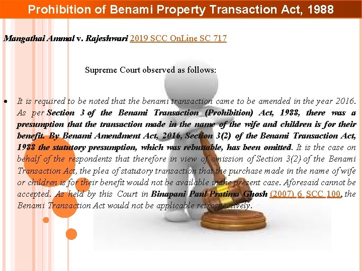 Prohibition of Benami Property Transaction Act, 1988 Mangathai Ammal v. Rajeshwari 2019 SCC On.