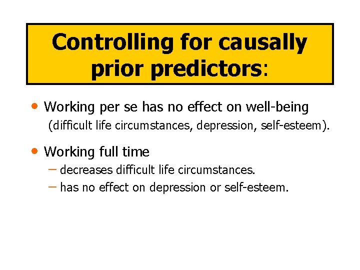Controlling for causally prior predictors: • Working per se has no effect on well-being
