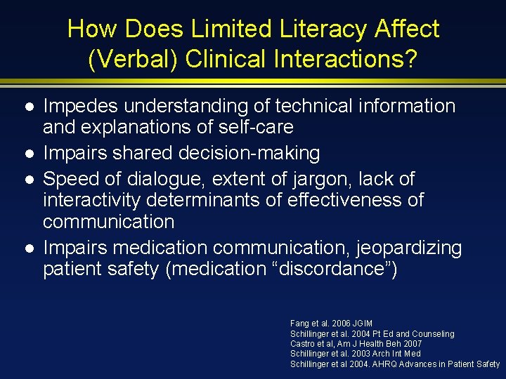 How Does Limited Literacy Affect (Verbal) Clinical Interactions? l l Impedes understanding of technical
