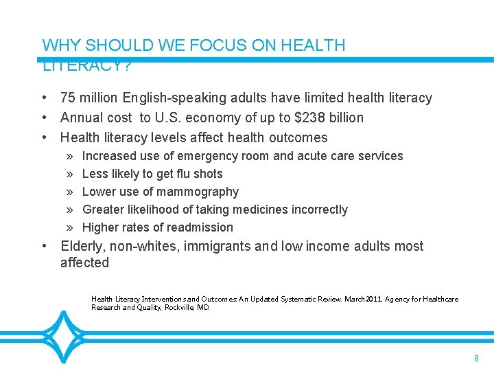 WHY SHOULD WE FOCUS ON HEALTH LITERACY? • 75 million English-speaking adults have limited
