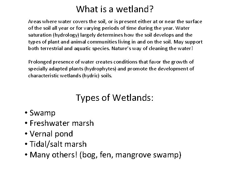 What is a wetland? Areas where water covers the soil, or is present either
