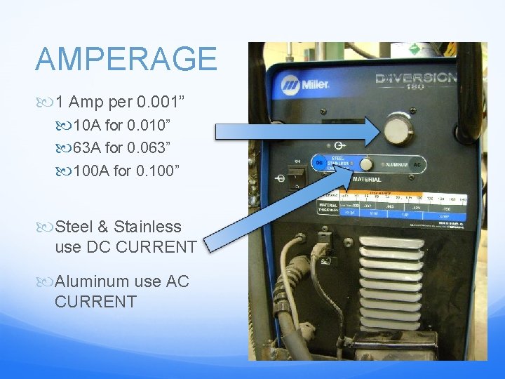 AMPERAGE 1 Amp per 0. 001” 10 A for 0. 010” 63 A for