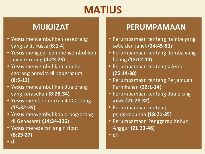 MATIUS MUKJIZAT • Yesus menyembuhkan seseorang yang sakit kusta (8: 1 -4) • Yesus